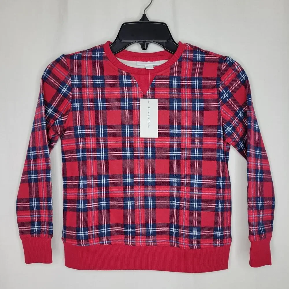 Charter Club Kids Crewneck Top Cardinal Holiday Plaid Xmas NWT Boy Girl Size 6-7